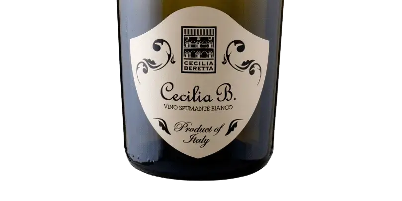 Weingut Cecilia Beretta Spumante Bianco Flaschenlabel mit eleganter Schrift und Design