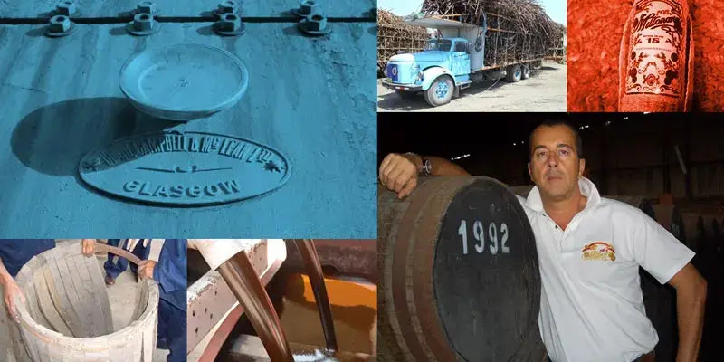 Die Reise des Ron Millonario: Herstellung von Rum mit Bildern von Fässern, Maschinen und einem Mitarbeiter in der Fabrik.