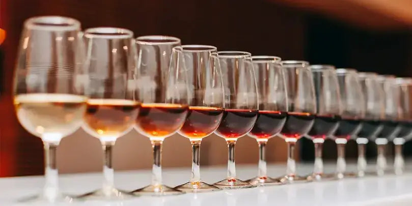 Tawny Portwein und verschiedene Weinsorten in Gläsern angeordnet auf einem Tisch, ideal zur Verkostung.