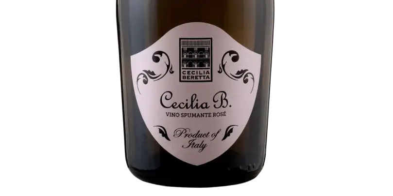 Cecilia Beretta Spumante Rosé Flasche mit eleganter Etikettierung, italienischer Schaumwein aus Italien.