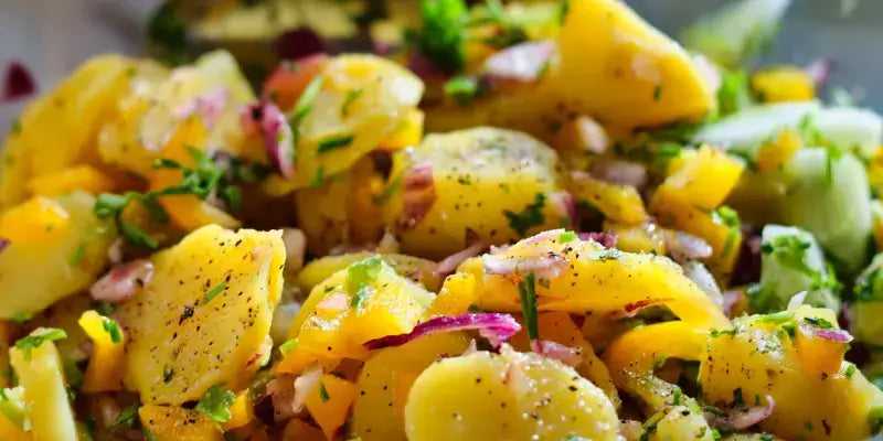 Kapern-Kartoffelsalat mit Oliven und Feta, frische Zutaten und mediterranes Flair auf dem Teller.