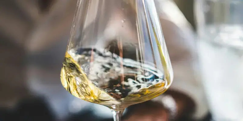 Weißwein im Glas bei der Verkostung, reflektiert Licht und zeigt klare Farbe, ideal zur Herstellung von hochwertigem Weißwein.