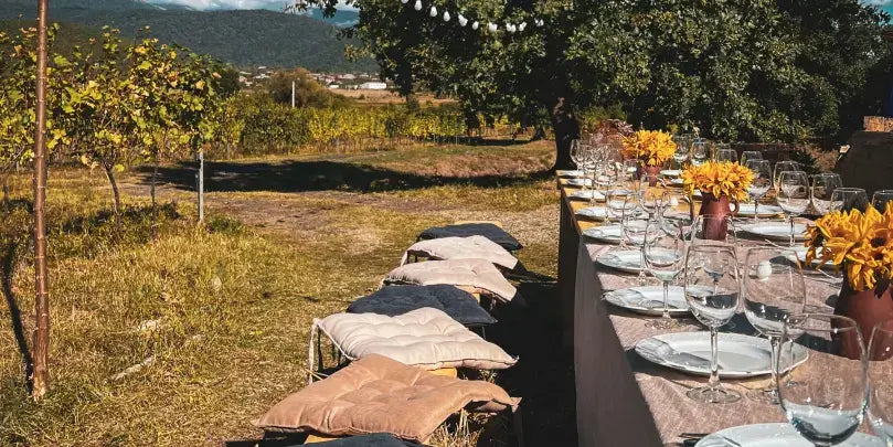 Palazzo Malgara: Festlich gedeckter Tisch im Weinberg mit Gläsern und Blumen, umgeben von Weinreben und Natur.
