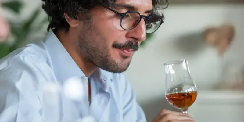 Wie schmeckt Whisky? Mann genießt Whisky aus einem Glas, verkostet die Aromen und Nuancen des Getränks.