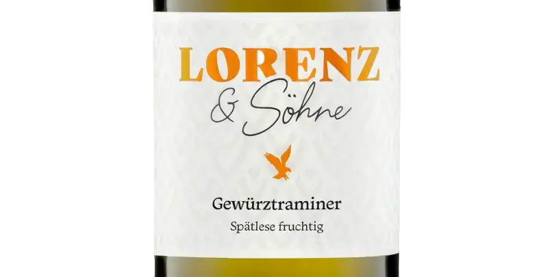 Rosenberg Gewürztraminer von Lorenz & Söhne, Etikett mit fruchtigem Weißwein-Design.