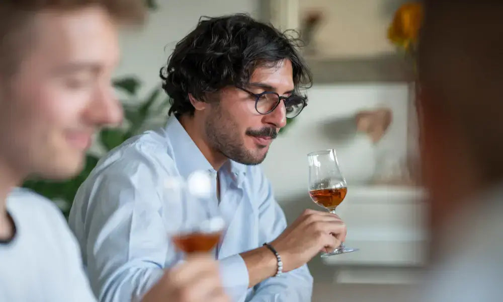 Portwein genießen: Ein Mann in einer Gruppe hält ein Glas Portwein und lächelt bei einem geselligen Treffen.