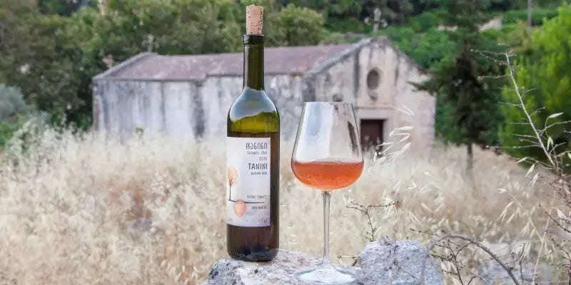 Orange Wine in der Natur: Flasche und Glas mit roséfarbenem Wein vor rustikalem Hintergrund.