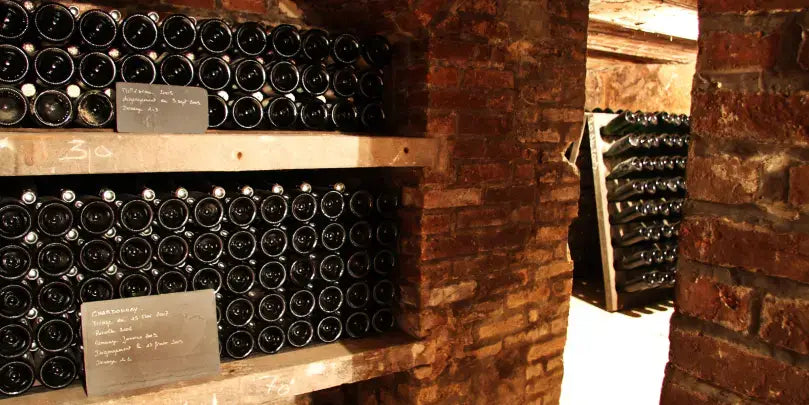 Weingut André Roger: Regalierte Weinflaschen in einem traditionellen Keller der Champagne.