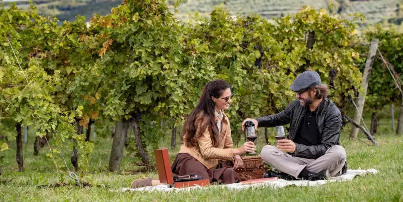 Cecilia Beretta Rosso Veneto IGT Soraie, Paar genießt Weinpicknick im Weingarten, umgeben von Weinreben.