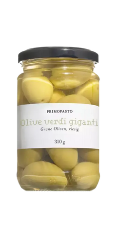 Große grüne Oliven im Glas