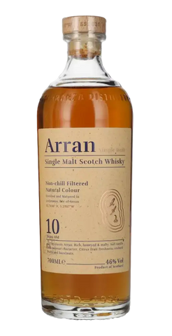 Schottischer Whisky Arran 10 Jahre Single Malt, naturbelassene Farbe, 700ml - aromatisch mit Zitrusfrüchten und Vanille.