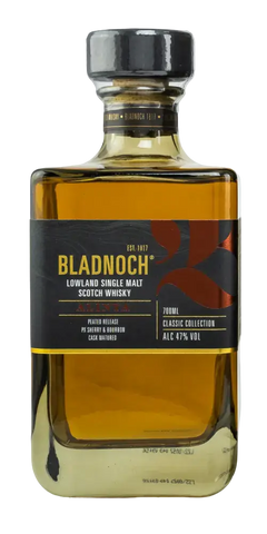 Schottischer Whisky Bladnoch Alinta, Lowland Single Malt, 47% Vol, mit rauchigen und süßlichen Aromen in dekorativer Flasche.