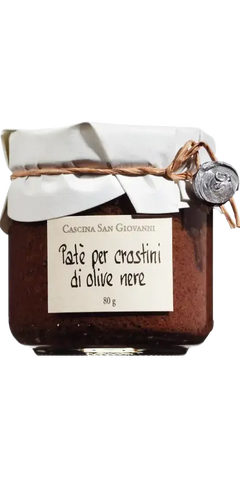 Schwarze Olivencreme 80g von Cascina San Giovanni, hochwertige Feinkost für Crostini und mediterrane Rezepte.