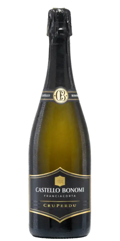 Castello Bonomi Franciacorta Cruperdu Brut, eleganter Schaumwein mit feiner Perlage und Aromen tropischer Früchte.