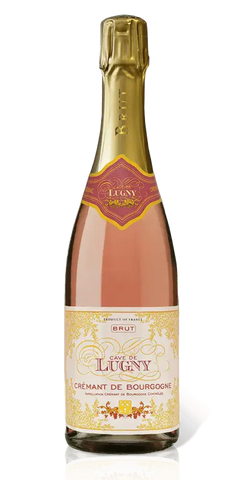 Cave de Lugny, Crémant de Bourgogne, mit feiner Perlage und fruchtigen Himbeernoten.