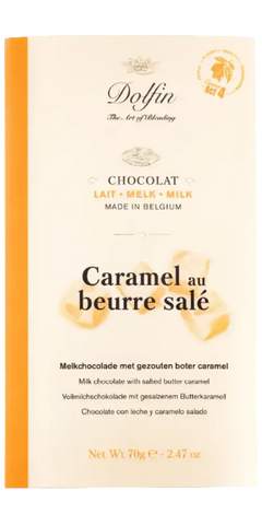 Dolfin Vollmilchschokolade mit gesalzenem Butterkaramell, belgische Feinkost mit einzigartigem Geschmack.