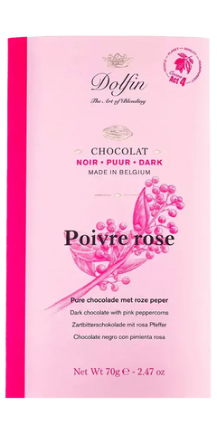 Dolfin Feinkost Zartbitterschokolade mit rosa Pfeffer aus Belgien, aromatische Kombination von Geschmacknoten.
