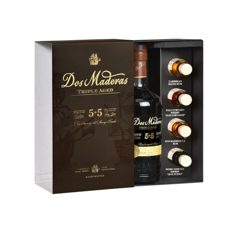 Dos Maderas 5+5 PX Tasting Set, tríple aged Rum, edel verpackt mit Sampler-Fläschchen, karibische Herkunft.