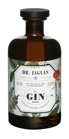 Gin Dr. Jaglas Drygin-Seng mit Ginseng und Wacholder, 0,5 Liter, 50% Vol, traditionelle Apothekerflasche.
