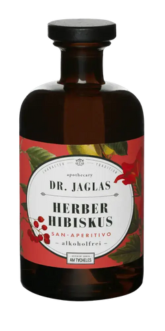 Herber Hibiskus alkoholfreier Aperitif von Dr. Jaglas, vegan und glutenfrei, ideal für kreative Mixgetränke.