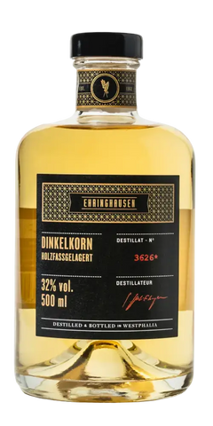 Dinkelkorn Holzfassgelagert von Ehringhausen, 32% vol, 500 ml, Destilliert und abgefüllt in Westfalen.