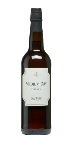 Emilio Hidalgo Medium Dry, halbtrockener Sherry in bernsteinfarbener Farbe, elegant mit leichter Restsüße und milder Note.