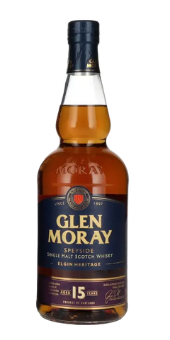 schottischer Whisky Glen Moray 15 Jahre Speyside Single Malt aus Schottland in charaktervollem Flaschendesign.