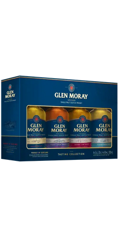 Schottischer Whisky Glen Moray Mini Tasting Set in Geschenkverpackung mit vier 50-ml Flaschen verschiedener Sorten.