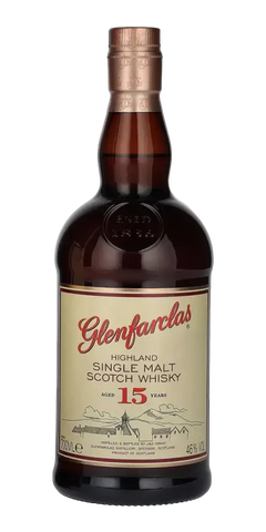 Schottischer Whisky Glenfarclas 15 Jahre, Highland Single Malt, 46% Vol., in dekorativer Flasche.
