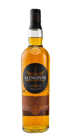 Schottischer Whisky Glengoyne 18 Jahre, Single Malt in eleganter Glasflasche mit goldener Farbe und prägnantem Etikett.
