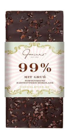 Gmeiner Feinkost Zartbitterschokolade 99% mit Grué von deutscher Marke, hohe Kakaoqualität und feine Stückchen.