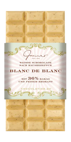 Gmeiner Feinkost: Weiße Schokolade Blanc de Blanc mit 36% Kakao und knusprigem Krokant, handgeschöpft, hochwertig.