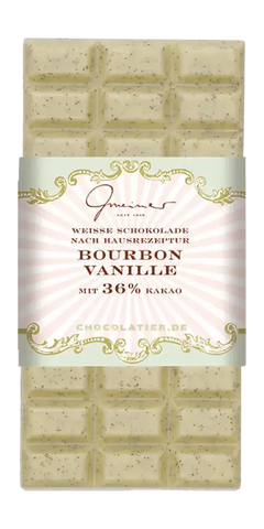 Gmeiner Bourbon Vanille Feinkost: weiße Schokolade mit 36% Kakao und echter Bourbon-Vanille, handgeschöpft.
