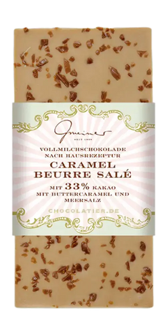 Gmeiner Feinkost Vollmilchschokolade Caramel Beurre Salé mit 33% Kakao und Karamellsplittern, deutsche Schokolade.