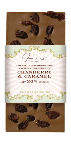 Gmeiner Vollmilfschokolade mit Cranberry und Karamell, 36% Kakao, hochwertige Feinkost, aus Deutschland.