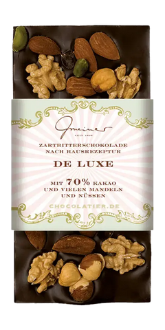 Gmeiner De Lux Zartbitter: Feinkost Zartbitterschokolade 70% Kakao mit Nüssen aus Südamerika.