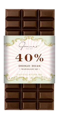 Gmeiner Diogo Dias Schokolade 40% mit Kakao aus Madagaskar, hochwertige Feinkost von Gmeiner Confiserie.