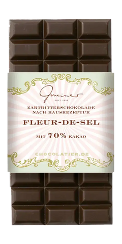 Gmeiner Feinkost Zartbitterschokolade Fleur de Sel mit 70% Kakaoanteil, handgeschöpft aus Deutschland.