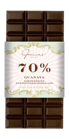 Gmeiner Guanaya Feinkost, 70% Kakaoanteil, sortenreine Edelbitterschokolade von Gmeiner Confiserie, Deutschland.