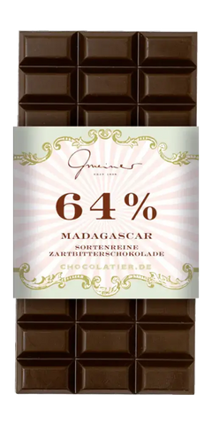 Gmeiner Feinkost Zartbitterschokolade 64% Kakao aus Madagascar, sortenrein, handgeschöpft, hochwertige Schokoladenspezialität.