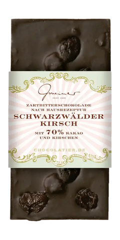 Gmeiner Feinkost Schwarzwälder Kirsch Zartbitterschokolade mit 70% Kakao und Kirschen, handgearbeitet.