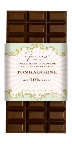 Gmeiner Feinkost Vollmilkschokolade mit Tonkabohne und 40% Kakao für höchste Ansprüche von Gmeiner Confiserie.
