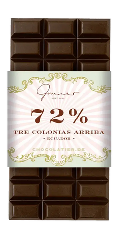 Gmeiner Tre Colonias Arriba 72% Edelschokolade aus Ecuador, handgeschöpft, mit floralen Aromen, Feinkost.