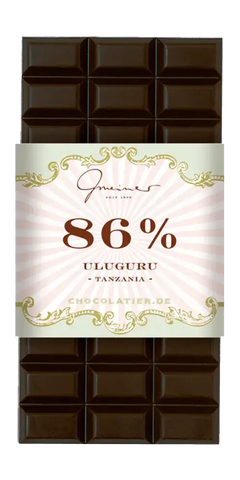 Gmeiner Feinkost Schokolade 86% Kakao aus Uluguru, Tansania, handgeschöpft, intensive schokoladige Note.
