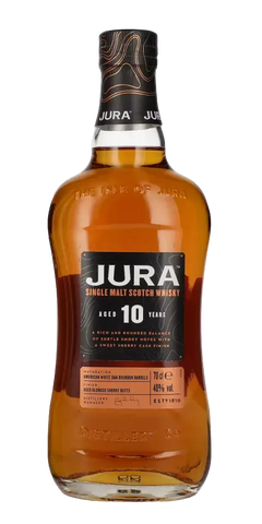 Schottischer Whisky Jura 10 Jahre, Single Malt in unverkennbarer Flasche mit Aromen von Orange und Vanillecreme.