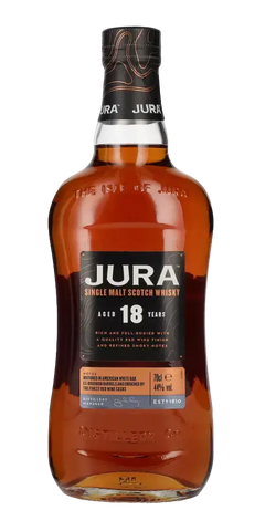 Schottischer Whisky Jura 18 Jahre, Single Malt, 700ml, reif in Ex-Bourbon und Bordeaux-Fässern, fruchtige Aromen.