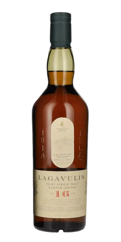 Schottischer Whisky Lagavulin 16 Jahre Islay Single Malt mit rauchigem Aroma in eleganter Flasche.