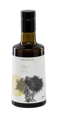 Olivenöl Mainova nativ extra 500ml, kaltgepresst, mit fruchtigem Duft, CO2-Extraktion, 0,2% Säuregehalt.
