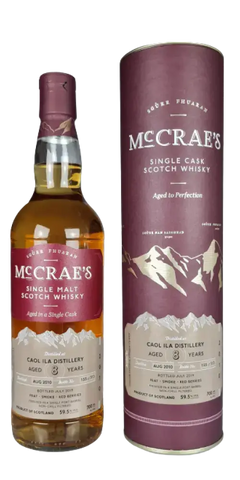 Schottischer Whisky McCrae's Caol Ila 8 Jahre in Tube, torfige Aromen mit Honigsüße, limitierte Auflage.