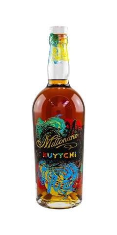 MILLONARIO KUYTCHI Spirituosenflasche mit buntem Etikett, inspiriert von den Abenteuern Perus.